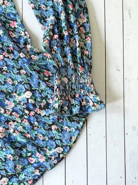 Fantaslook Blue Floral Jersey Knit Blouse Medium Stretch Smocked Sleeve Boho Top - Picture 5 of 6